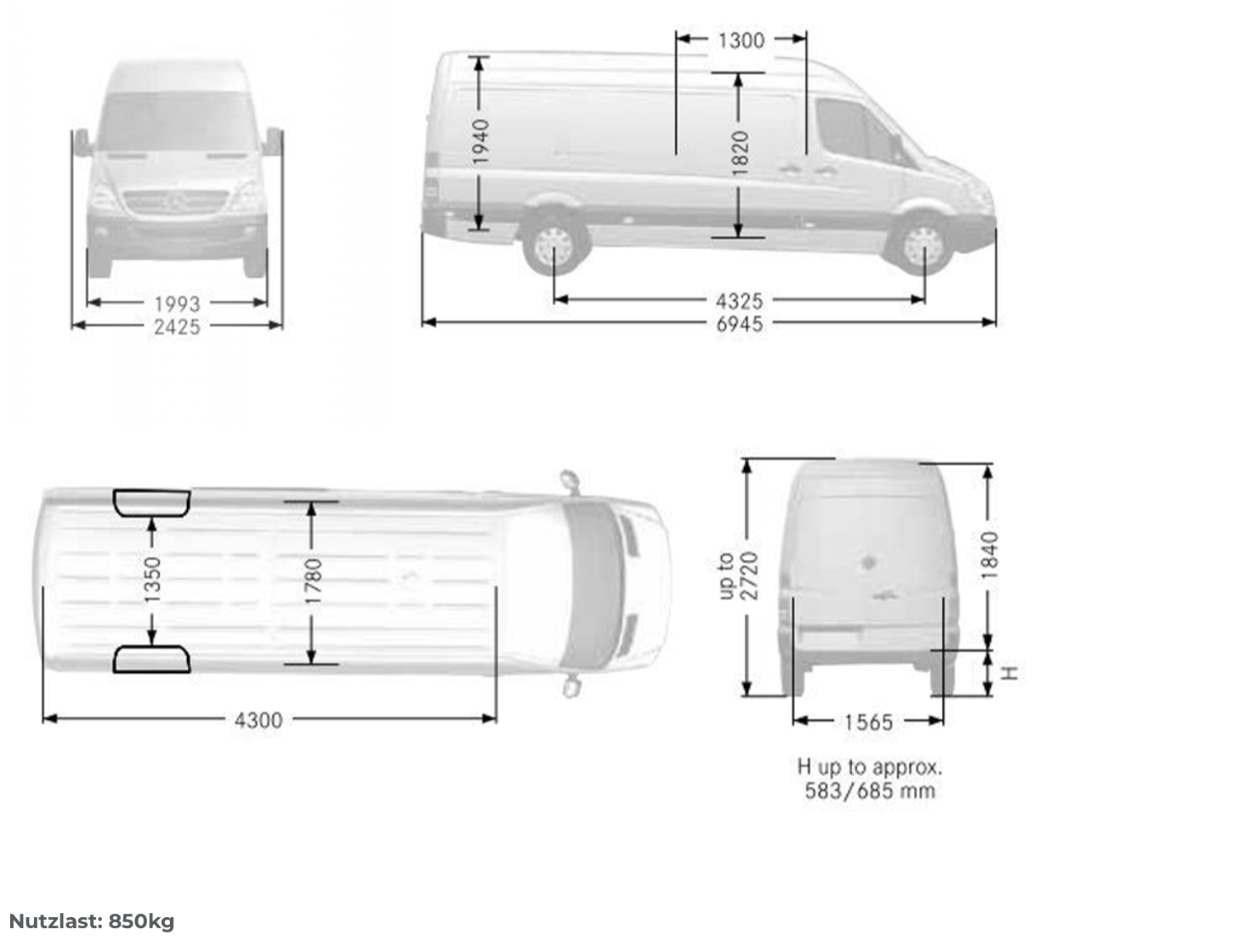 Mercedes Sprinter Extralang Abmessungen in Millimetern und 850 kg Nutzlast